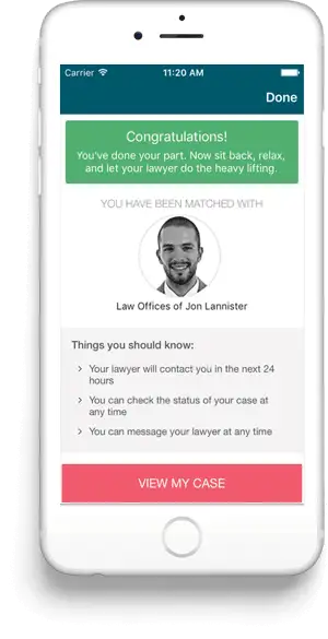Phone showing a match to an experienced local lawyer